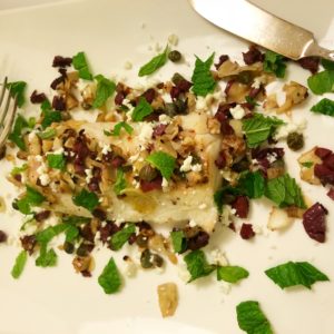 Wild cod with mint, olives and artichokes