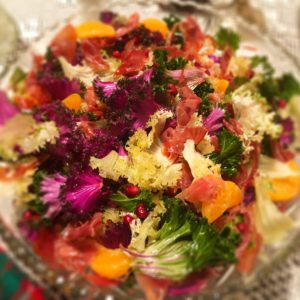 A stunning salad to showcase with colorful kale with pops of pomegranate and tangerine and did I mention savory, sweet and delicious to eat!