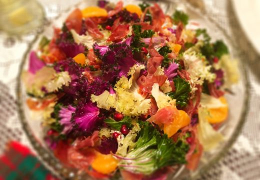 A stunning salad to showcase with colorful kale with pops of pomegranate and tangerine and did I mention savory, sweet and delicious to eat!