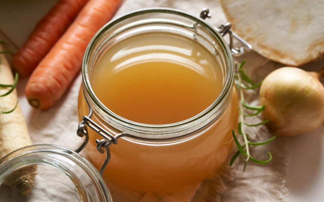 Homemade bone broth for collagen production, skin health, gut health, using your kitchen scraps for free.